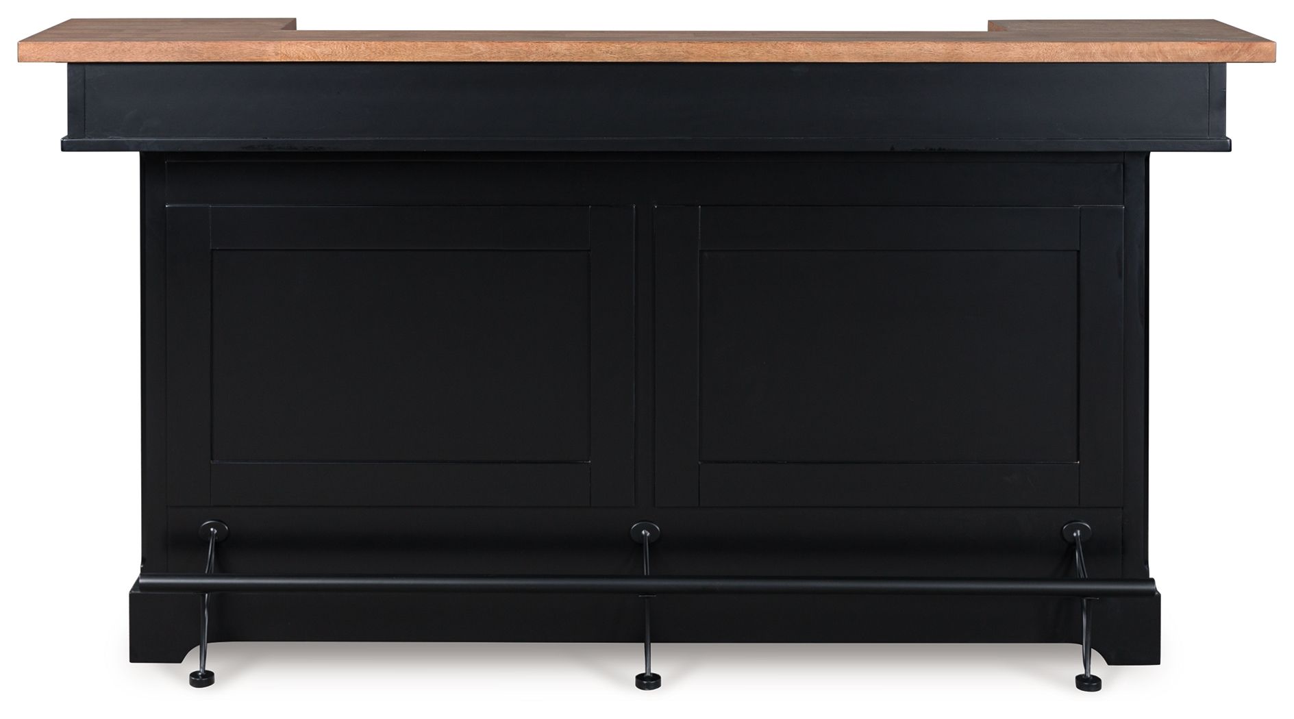 Dark bar cabinet with brown top, two front doors and caster feet
