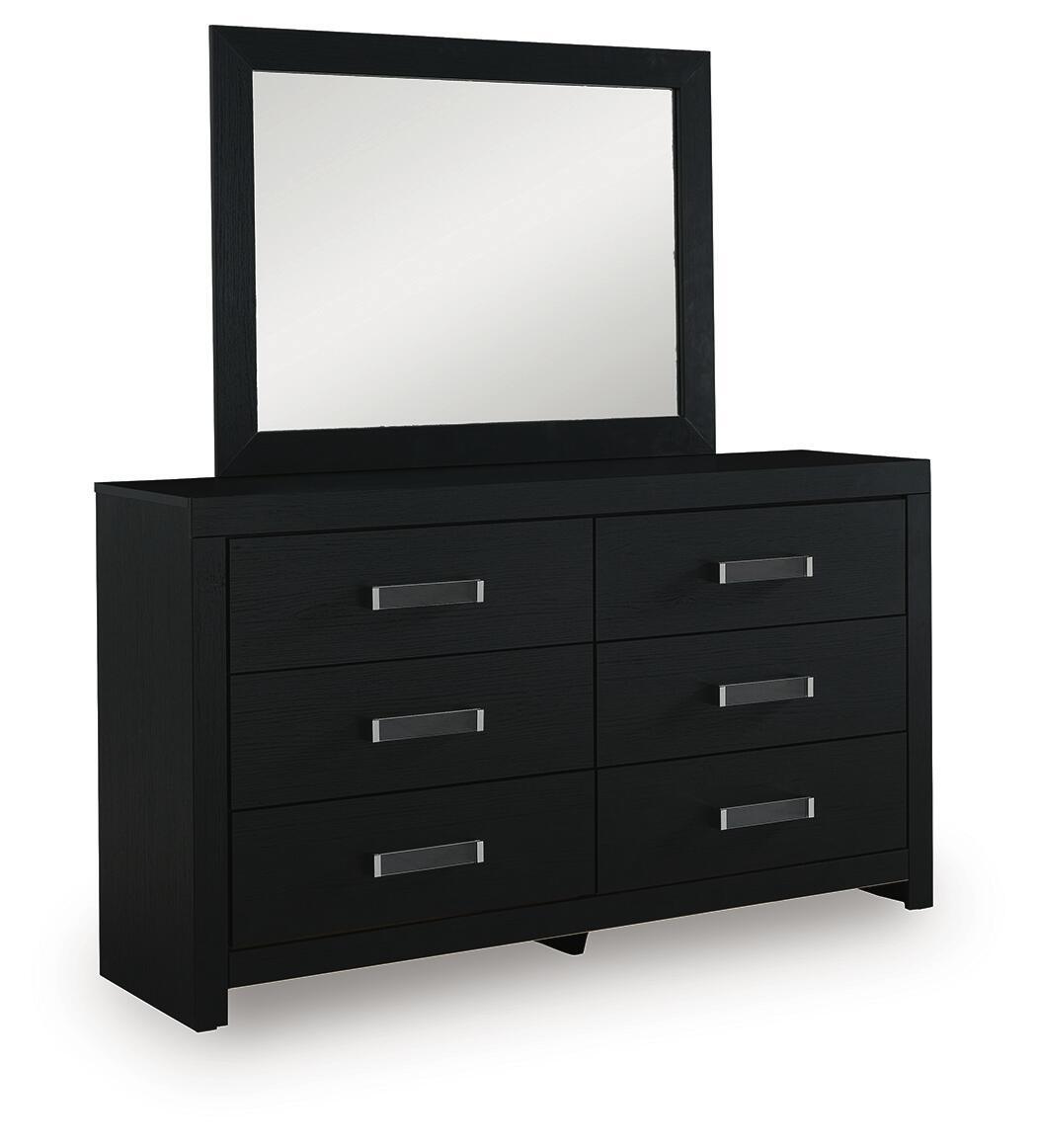Black six-drawer dresser with attached mirror and silver bar pulls, angled view.