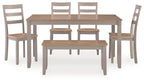 Dining table set with two benches and four chairs, light wood and gray frames