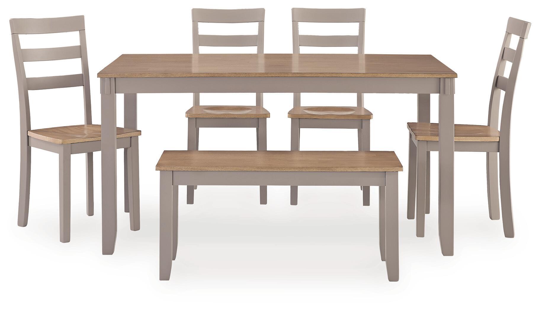 Dining table set with two benches and four chairs, light wood and gray frames
