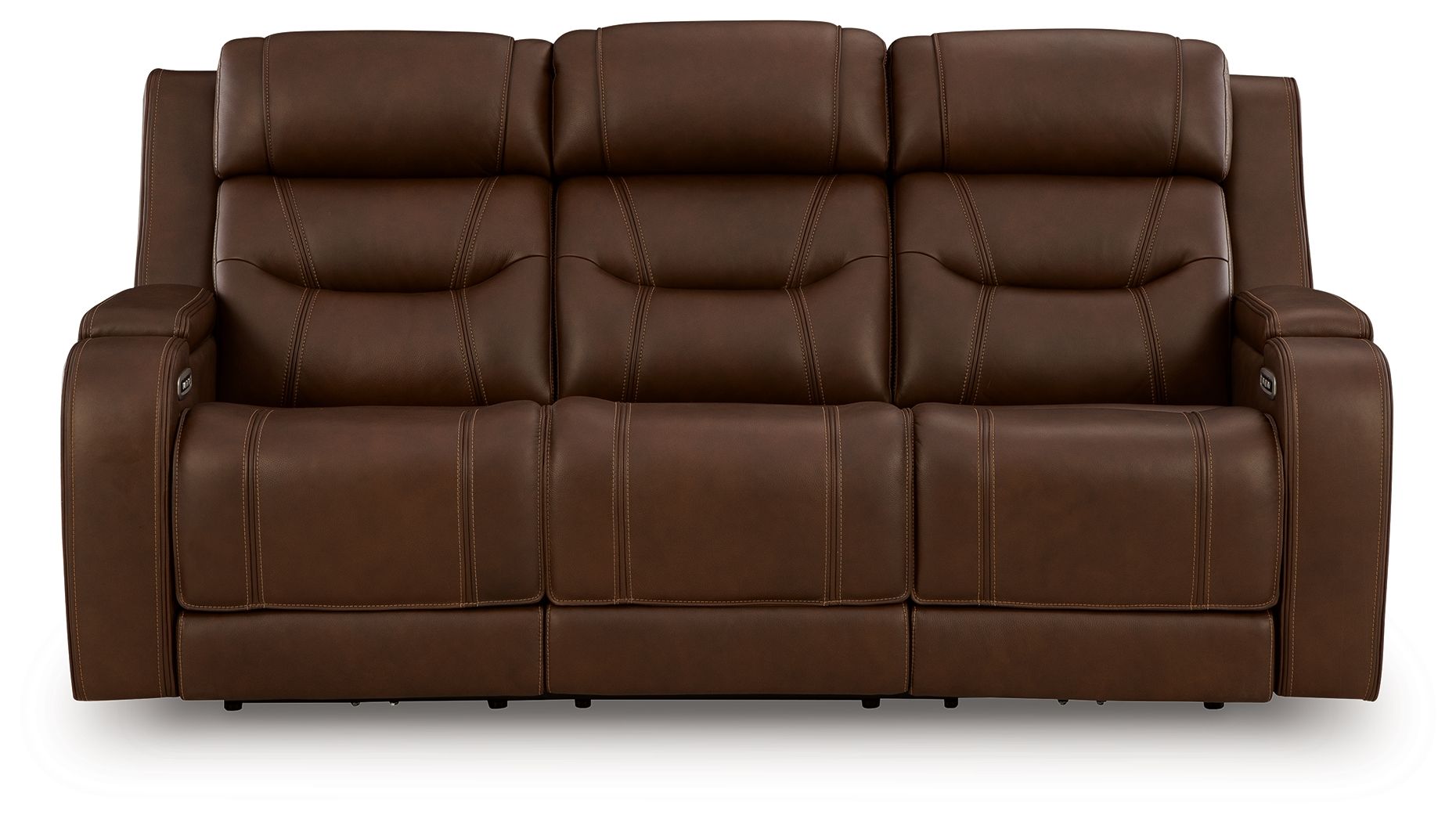 Dark brown power reclining sofa with tufted backrest and padded armrests