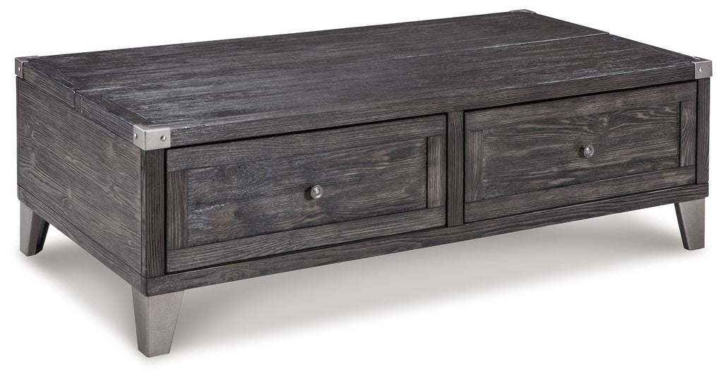 Dark gray lift-top cocktail table with two drawers and metal corner brackets