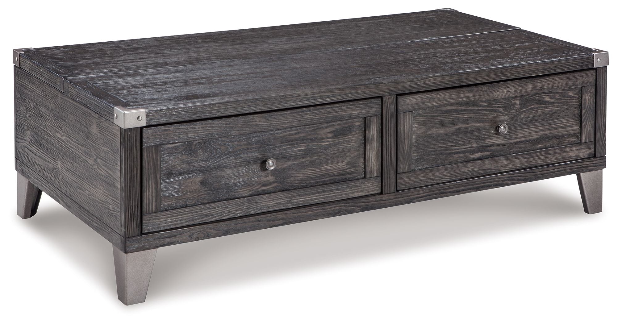 Dark gray lift-top cocktail table with two drawers and metal corner brackets