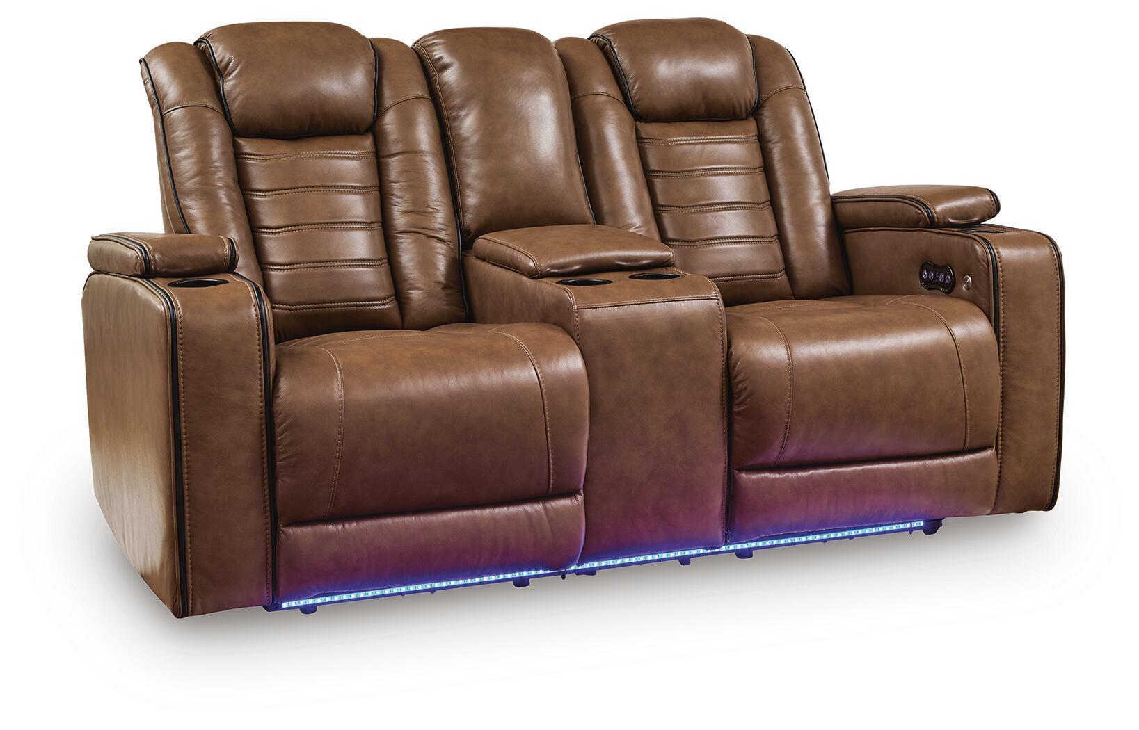Power reclining loveseat with console, adjustable headrests, brown upholstered leather
