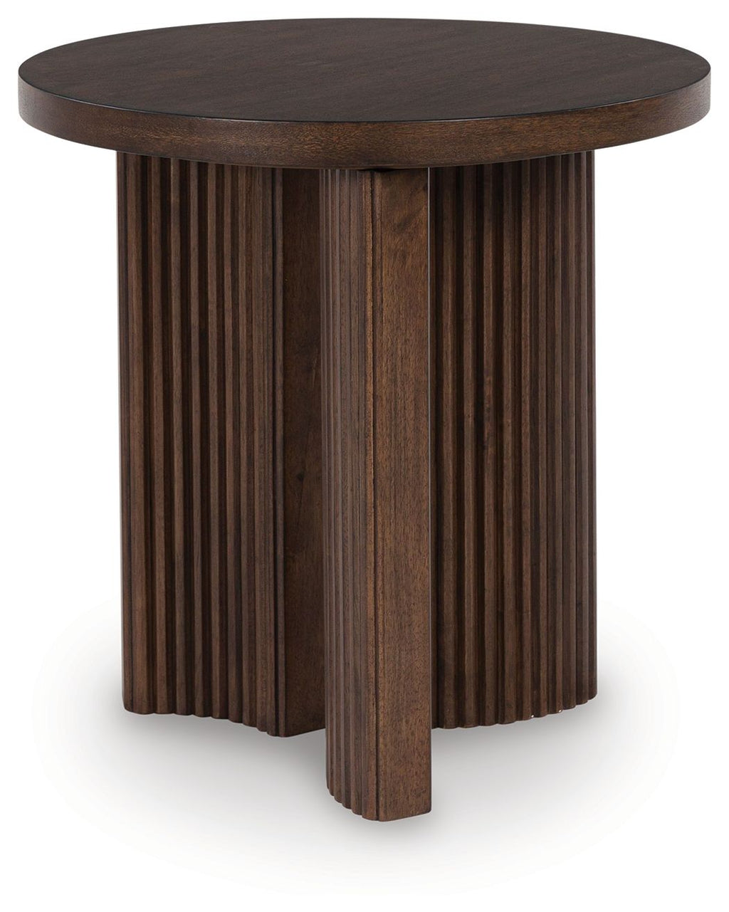 Round dark brown end table with ribbed wood pedestal base and round top