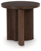 Round dark brown end table with ribbed wood pedestal base and round top
