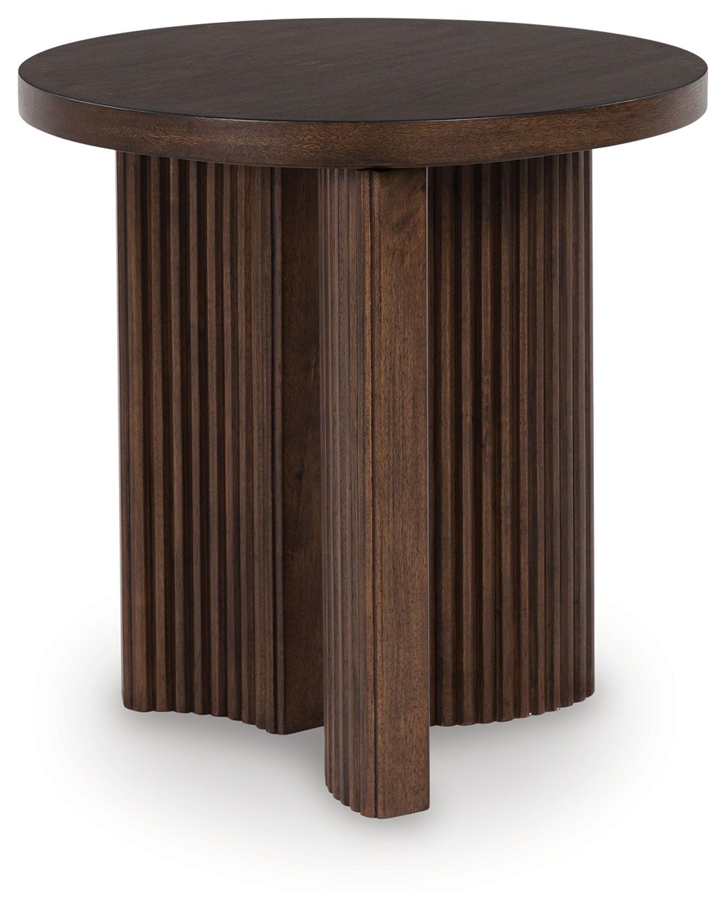 Round dark brown end table with ribbed wood pedestal base and round top