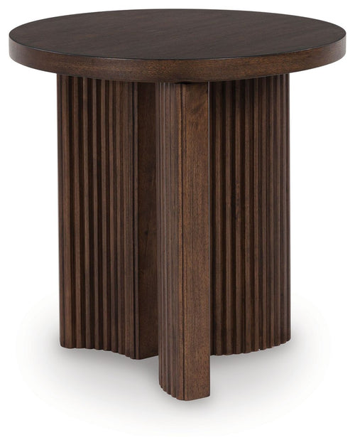 Round dark brown end table with ribbed wood pedestal base and round top