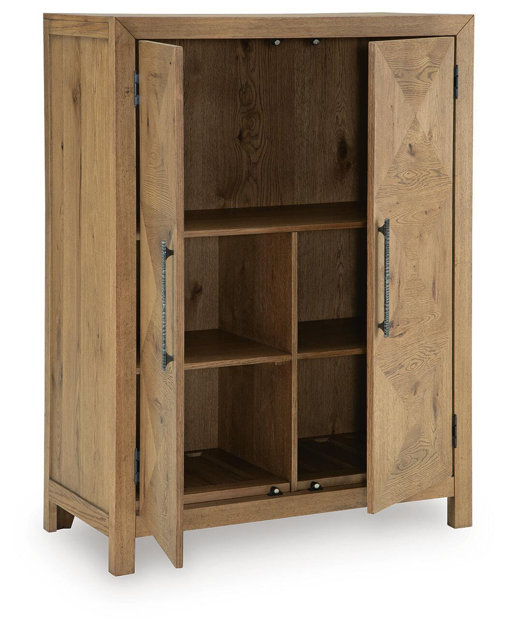 Light brown bar cabinet with two open doors and compartment shelves inside