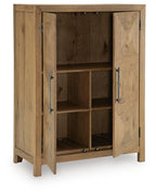 Light brown bar cabinet with two open doors and compartment shelves inside