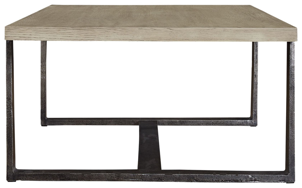 Gray rectangular cocktail table with flat top and dark metal frame, open base