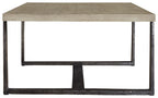 Gray rectangular cocktail table with flat top and dark metal frame, open base
