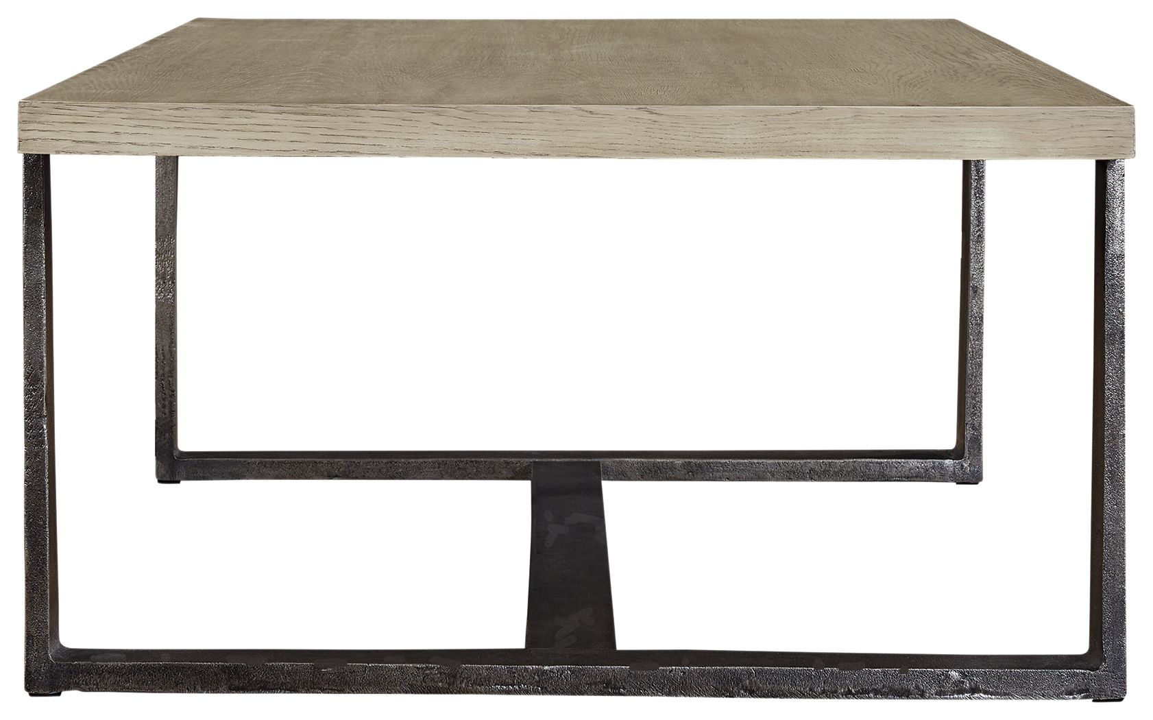 Gray rectangular cocktail table with flat top and dark metal frame, open base