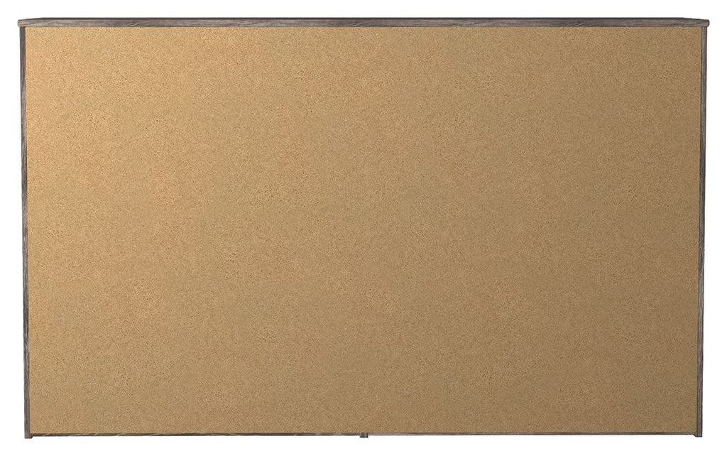 Dresser back panel with tan backing sheet and metal frame edge