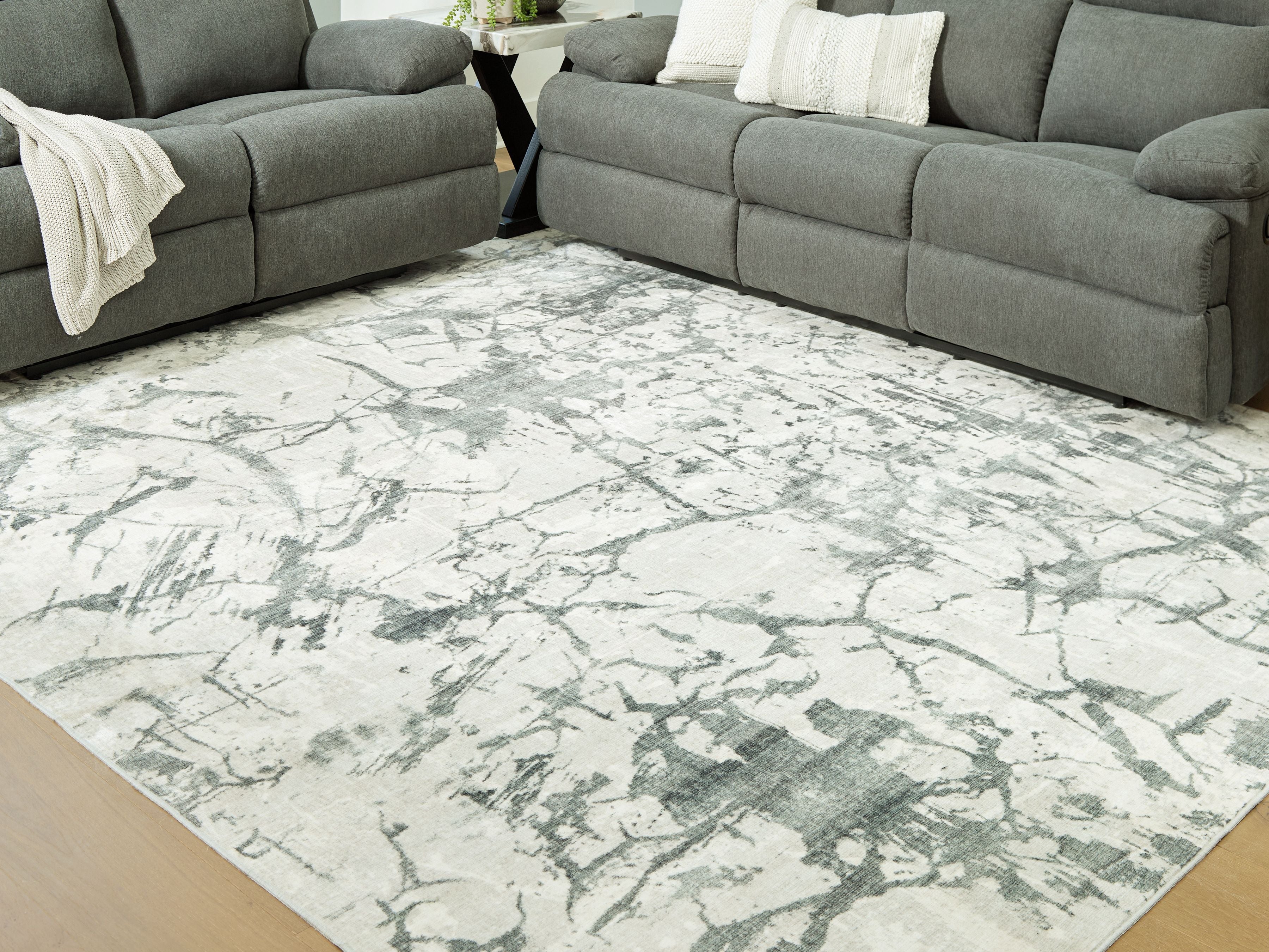 Washable rug with beige marble pattern and gray-green accents, flat weave