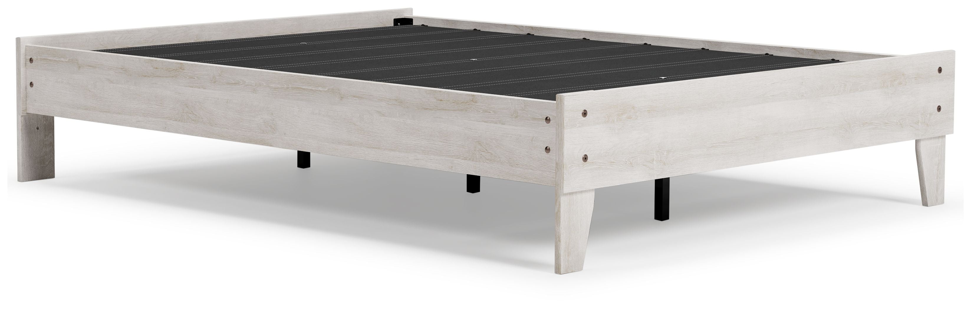 White platform bed frame with slatted support and low, square posts