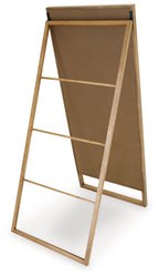 Brown wooden floor mirror with angled frame and dark glass backing