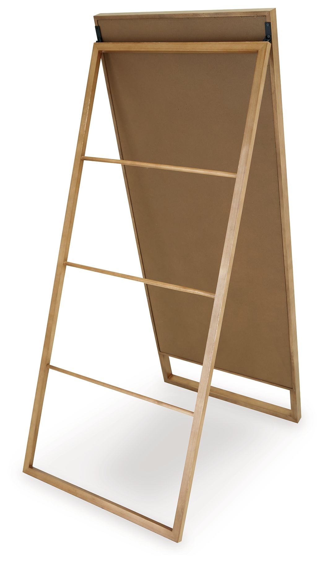 Brown wooden floor mirror with angled frame and dark glass backing