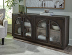 Grayish brown accent cabinet with four arched glass doors and central handles