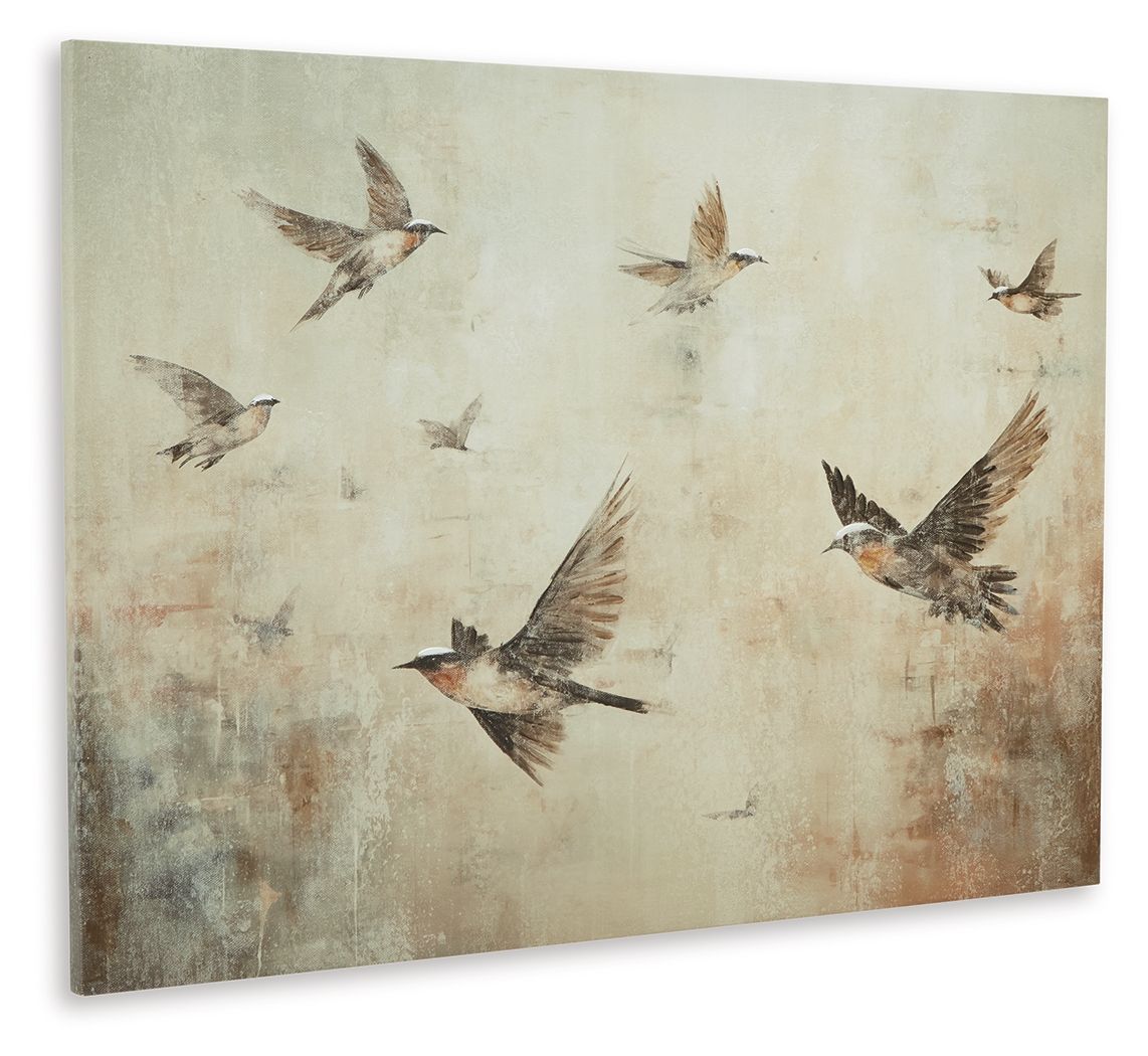 Bird wall art print with gray and brown birds, beige and muted brown abstract wash