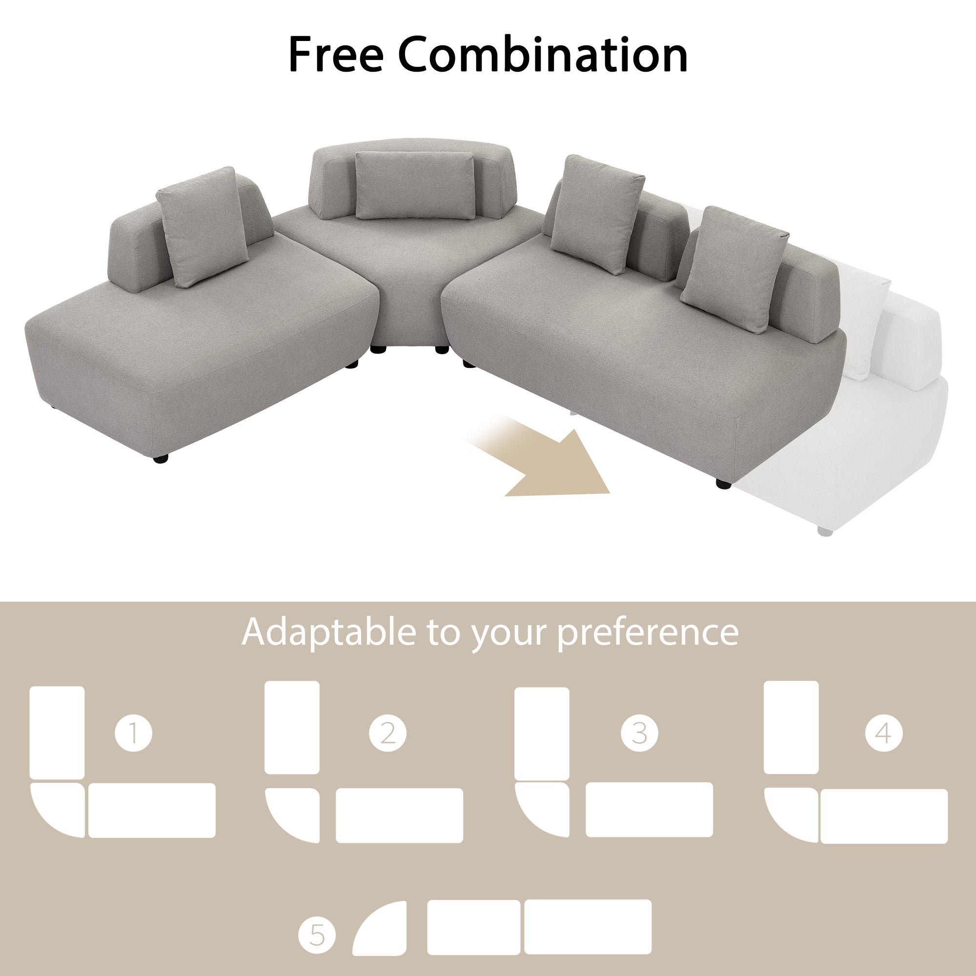 Contemporary 3-Piece Sectional Sofa with Free Convertible Ottoman & 4 Pillows - Grey