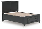 Black panel bed with slatted mattress base and two front storage drawers.