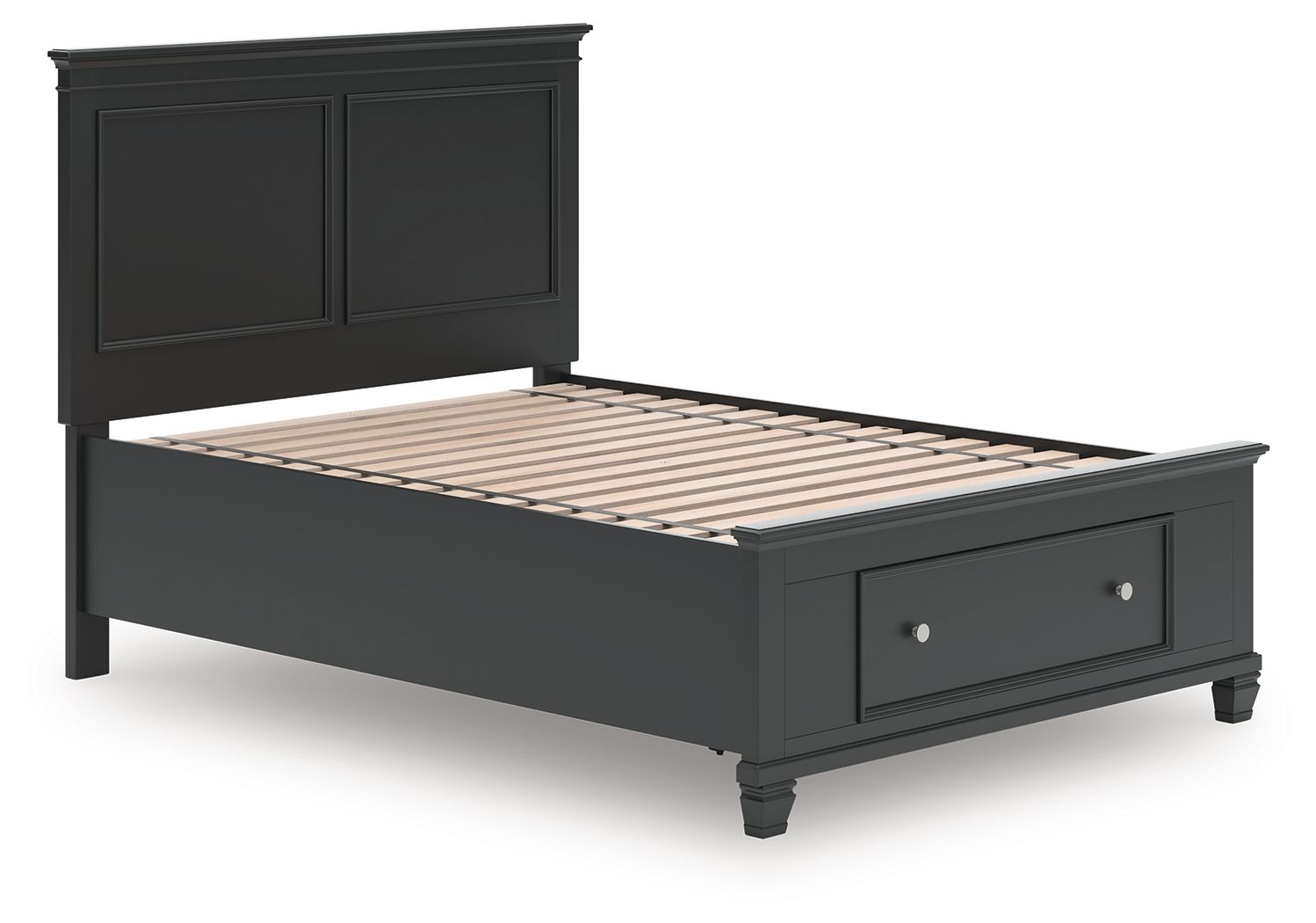 Black panel bed with slatted mattress base and two front storage drawers.