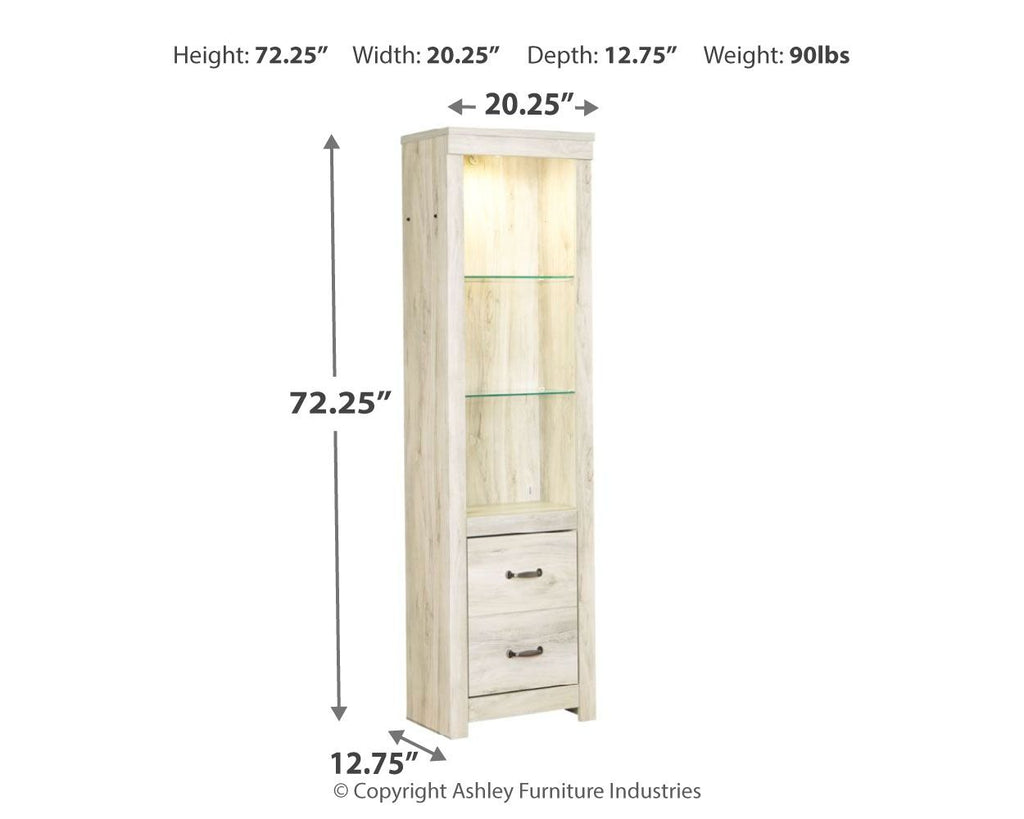 Tall whitewash cabinet with glass shelves and two drawers, side view