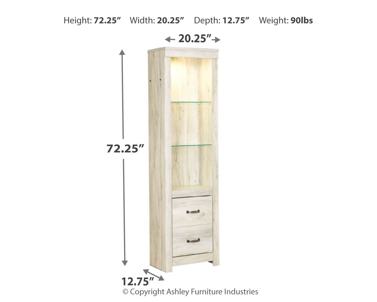 Tall whitewash cabinet with glass shelves and two drawers, side view