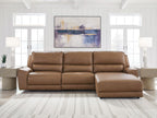Caramel power reclining sectional sofa with chaise extension and wide back cushions