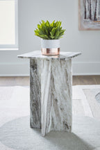 Square accent table with gray marble-look top and tapered pedestal base