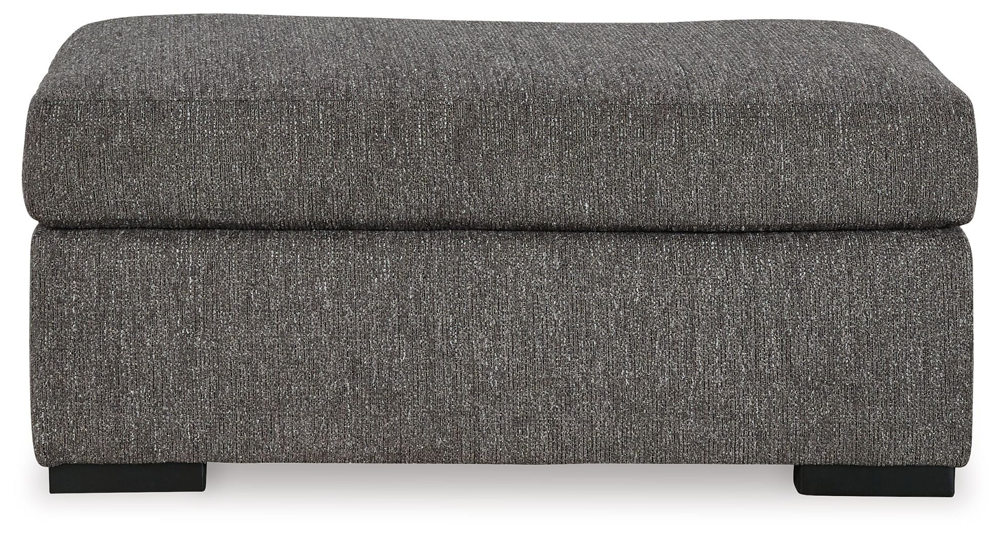 Pewter fabric ottoman with thick, rounded back panel and low black legs
