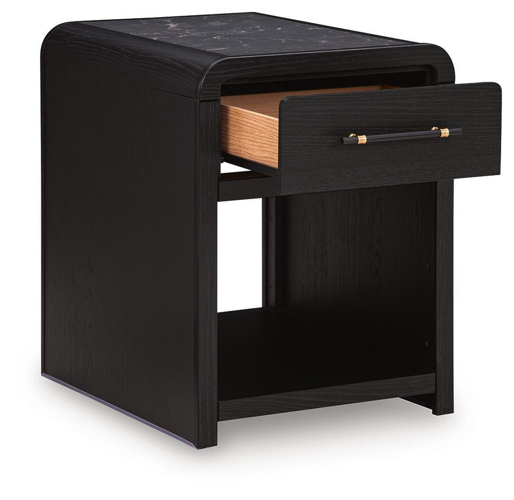 Black rectangular table with one drawer and open shelf, showing side opening detail.