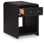 Black rectangular table with one drawer and open shelf, showing side opening detail.