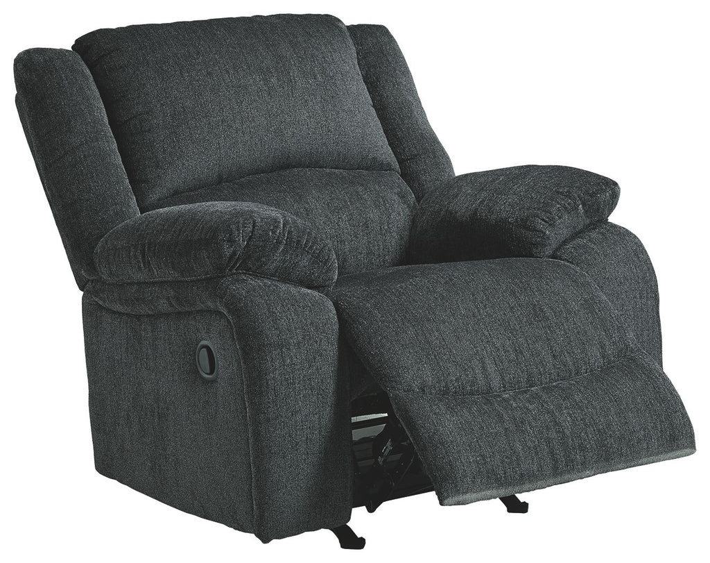Slate fabric rocker recliner chair with extended ottoman and padded chaise back
