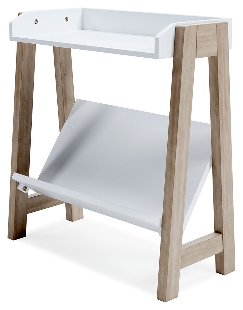 Small white bookcase with open lower shelf and light wood frame