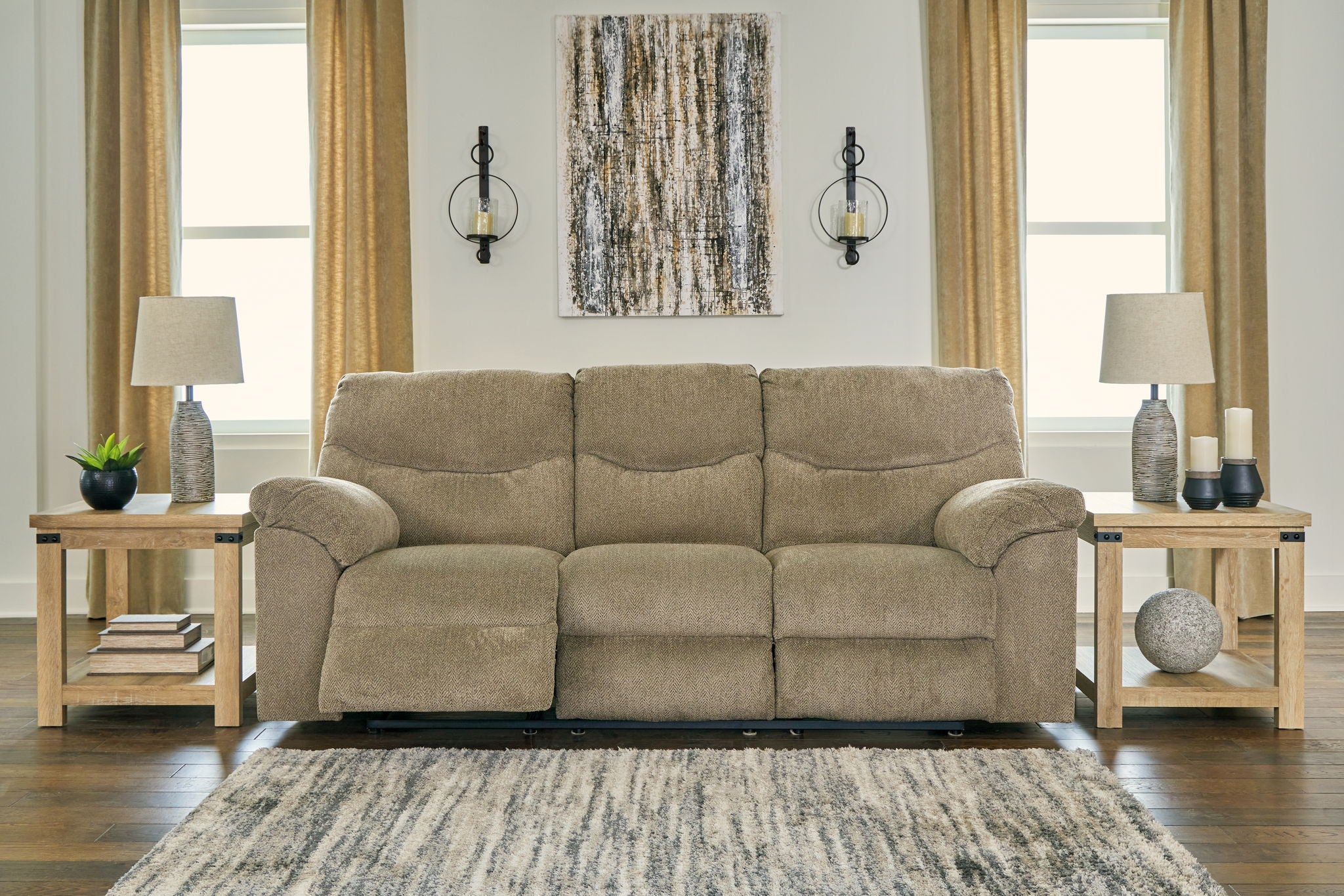 Taupe fabric sofa with three seat cushions and rolled armrests