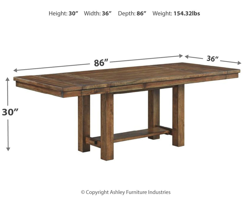 Grayish brown rectangular dining extension table with extended top, 86in x 36in view