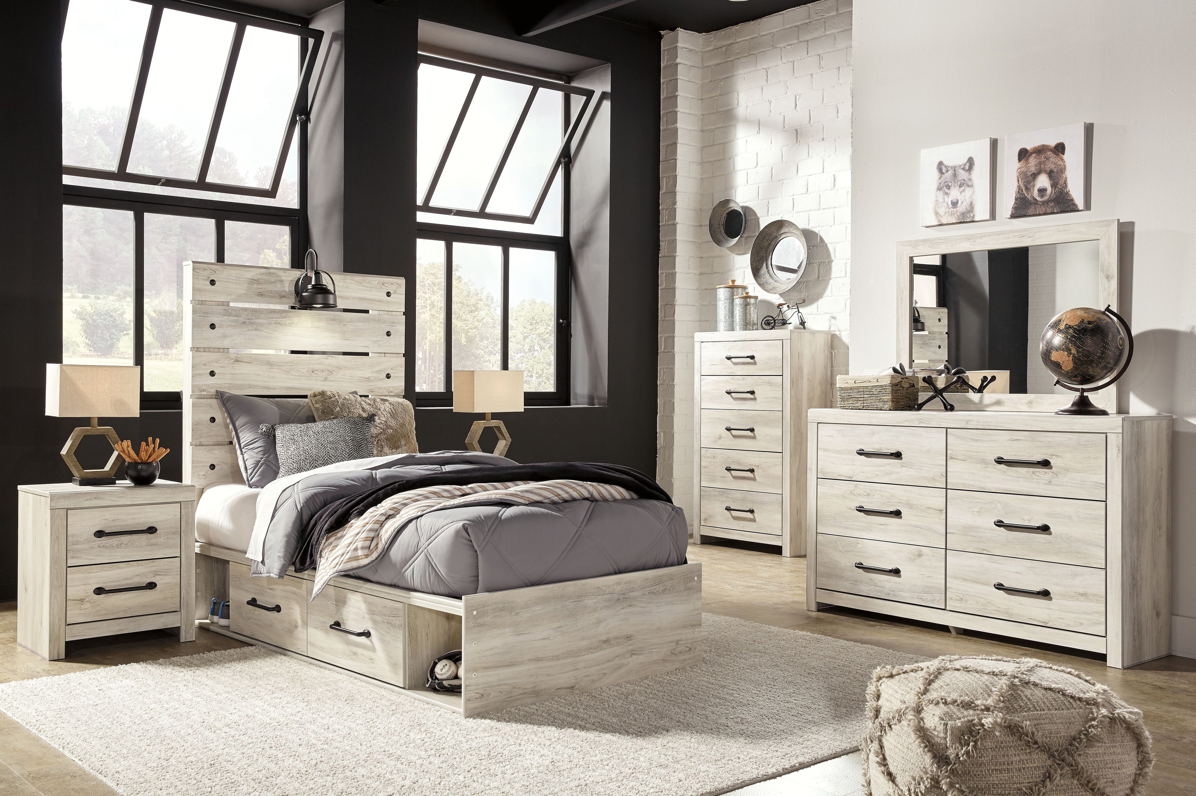 Youth bedroom set featuring light wood bed, headboard, nightstands, and multi-drawer dresser