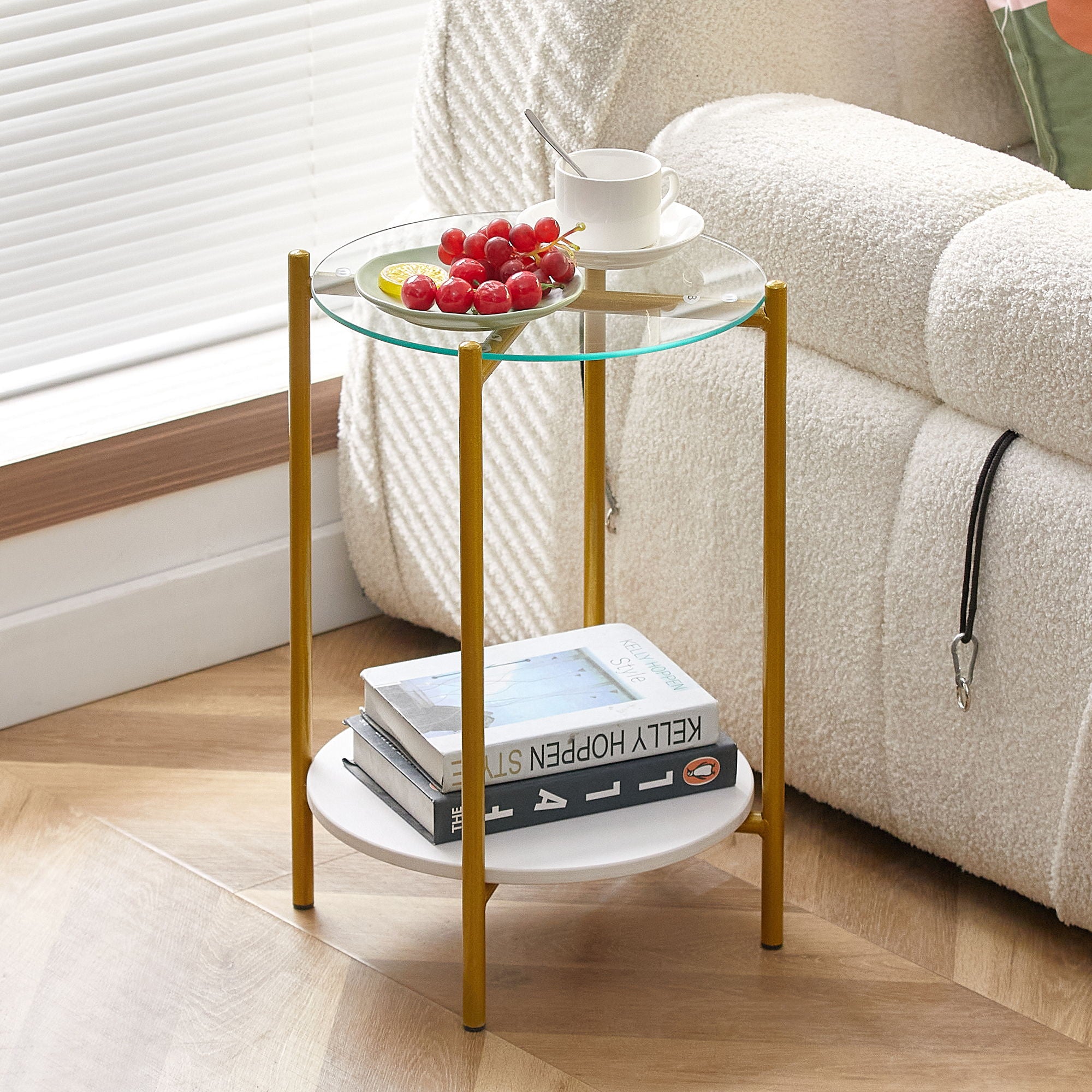 2 - Layer End Table With Tempered Glass And Marble Tabletop, Round Coffee Table With Golden Metal Frame For Bedroom Living Room Office