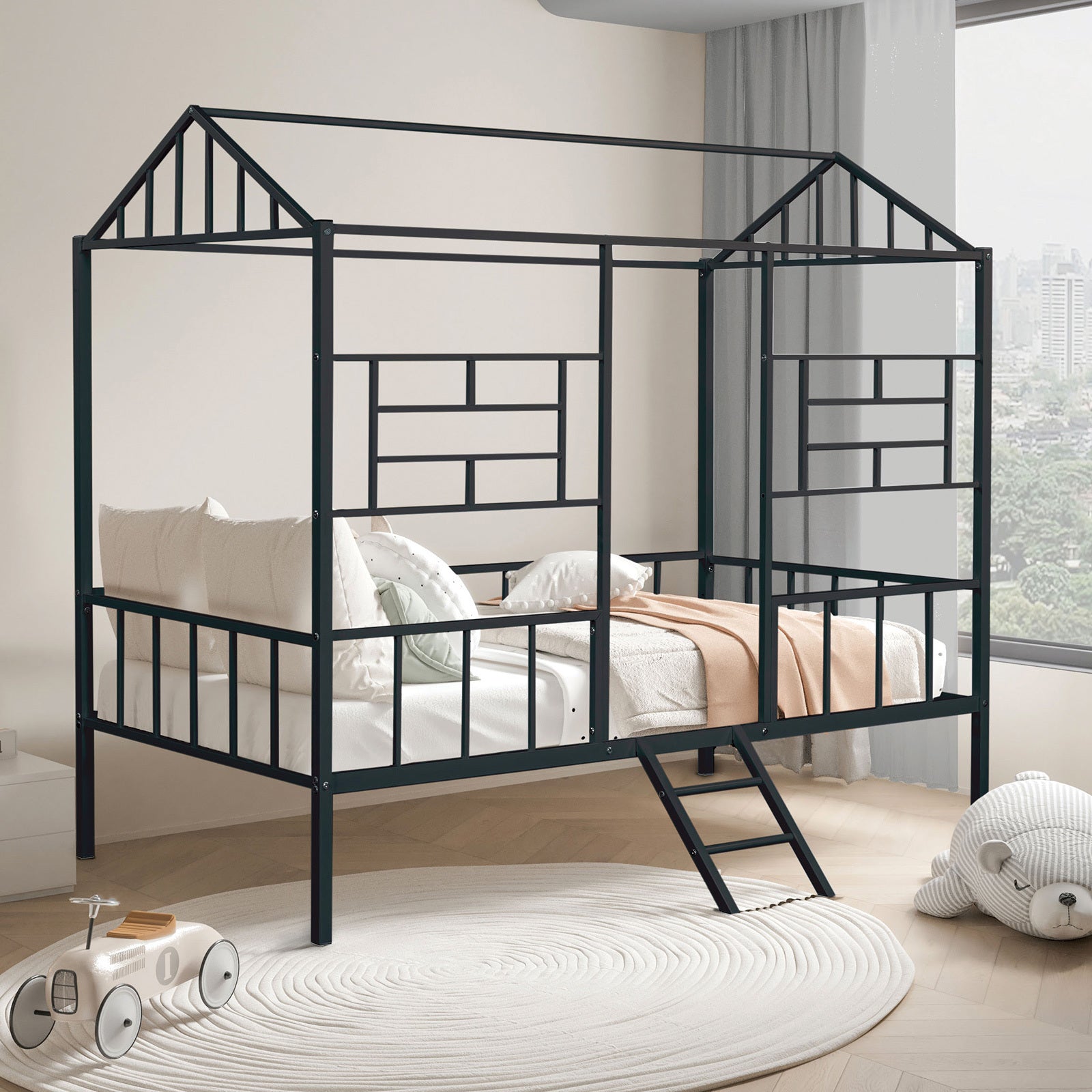 Black Twin Bunk Bed: Contemporary Metal House Design with Angled Ladder