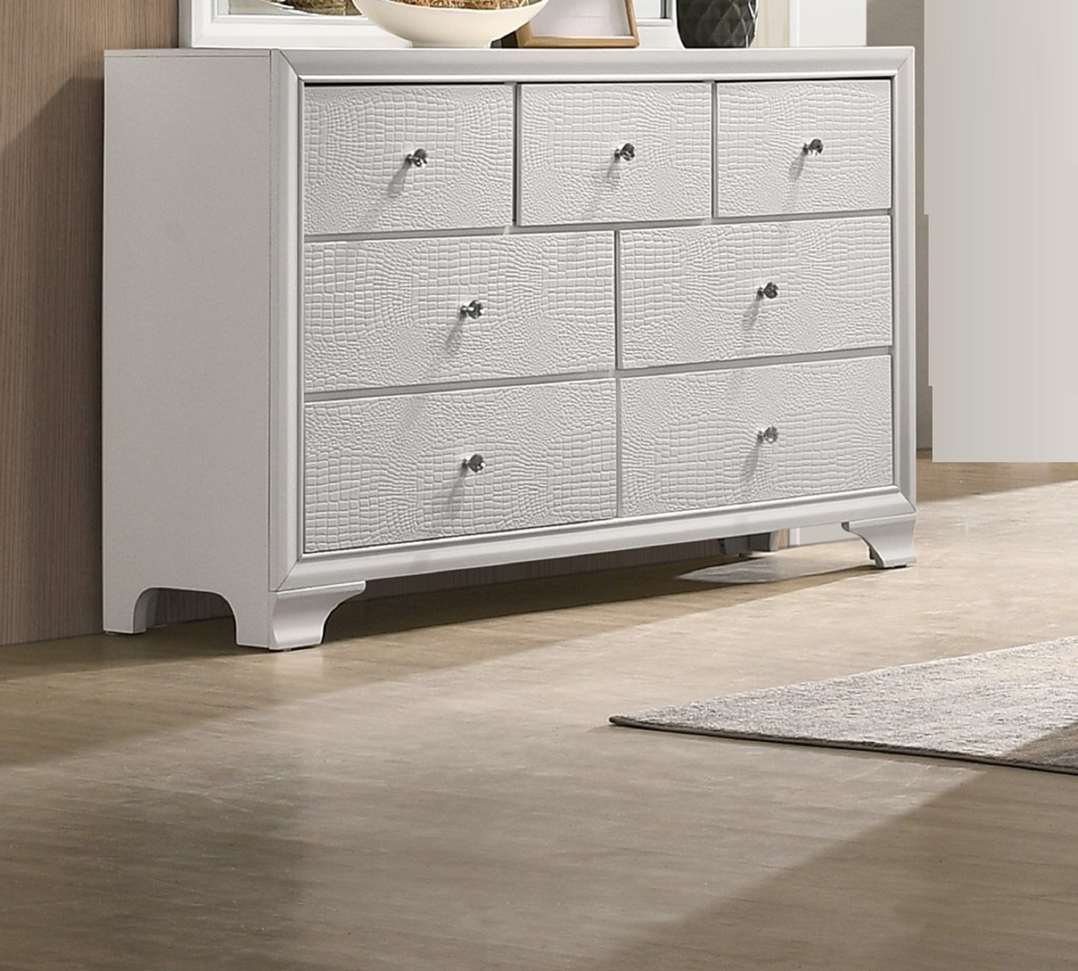 Modern Glam White 7-Drawer Dresser - Embossed Crocodile Pattern