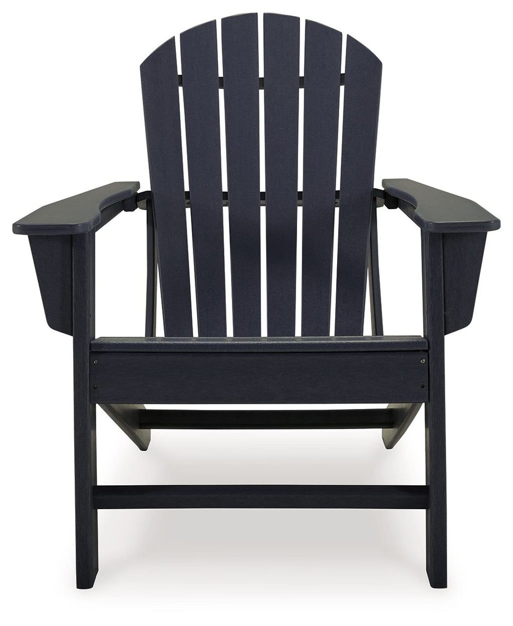 Outdoor Adirondack chair in black with slatted back, armrests, and side footrests.