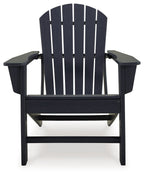 Outdoor Adirondack chair in black with slatted back, armrests, and side footrests.