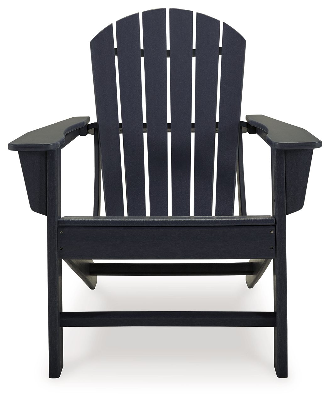 Outdoor Adirondack chair in black with slatted back, armrests, and side footrests.