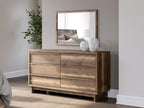 Six-drawer brown dresser with wall mirror; wood top and wide drawer fronts.