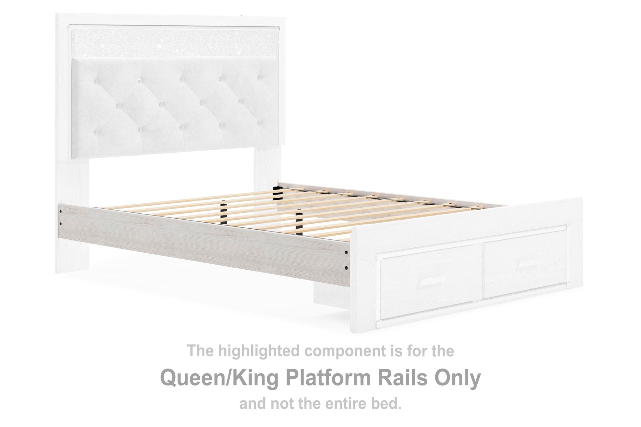 White queen/king platform bed rails with slatted support