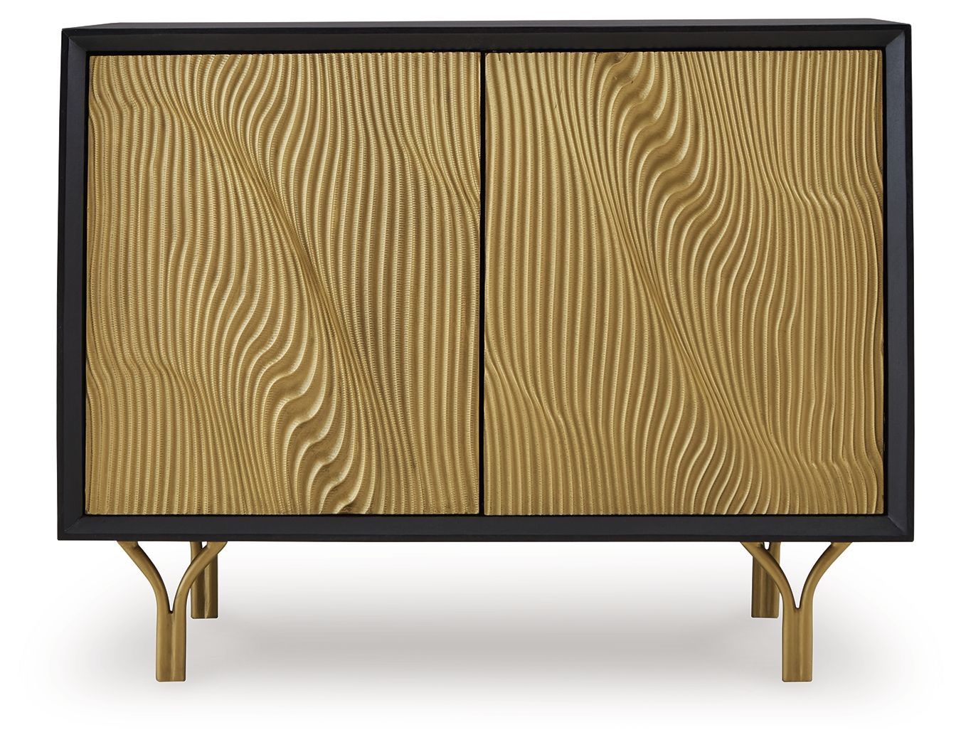 Accent cabinet with two gold fluted doors and dark frame, gold-toned legs visible