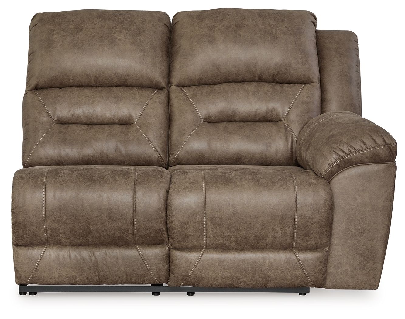 Power reclining loveseat in dark fossil brown, dual headrests and padded chaise-style seat