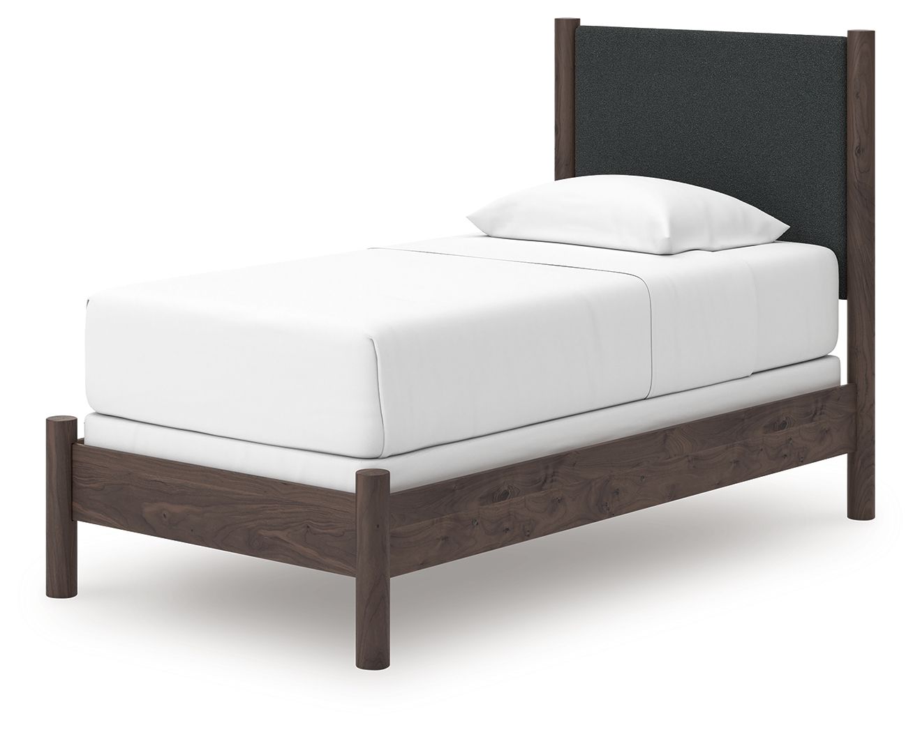 Upholstered panel bed with white mattress and dark gray headboard, dark brown wood frame